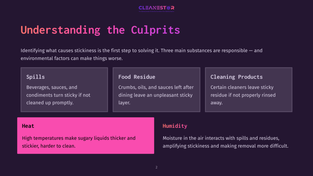 2 Understanding The Culprits A Webpage Titled &Quot;Understanding The Culprits&Quot; Lists Three Main Substances Causing Stickiness: Spills, Food Residue, And Cleaning Products, With Environmental Factors Like Heat And Humidity Exacerbating The Issue.