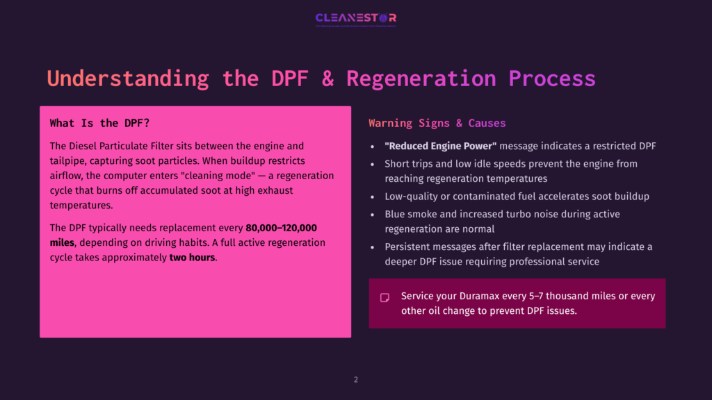 Presentation Slide Titled &Quot;Understanding The Dpf &Amp; Regeneration Process,&Quot; Explaining Dpf Function, Warning Signs, And Service Intervals For Diesel Particulate Filters.