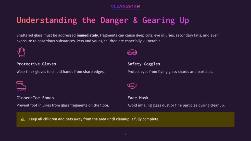 Infographic Titled &Quot;Understanding The Danger &Amp; Gearing Up&Quot; From Cleanestor, Detailing Safety Gear For Broken Glass Cleanup: Protective Gloves, Safety Goggles, Closed-Toe Shoes, And Face Mask, With A Warning To Keep Children And Pets Away.