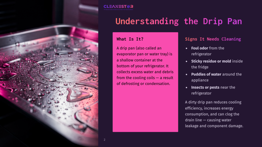 Close-Up Of A Refrigerator Drip Pan Filled With Condensation And Water, Showing The Need For Cleaning.