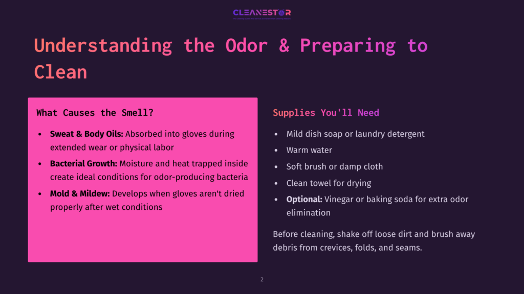 Infographic With A Pink Background Titled &Quot;Understanding The Odor &Amp; Preparing To Clean&Quot; Detailing Causes Of Odors Like Sweat And Body Oils, Bacterial Growth, And Mold &Amp; Mildew, And Listing Supplies Needed Such As Mild Dish Soap, Warm Water, And A Soft Brush.