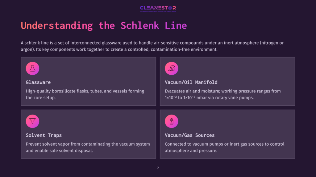 Infographic Detailing A Schlenk Line, A Set Of Interconnected Glassware Used For Handling Air-Sensitive Compounds. It Includes Glassware, Vacuum/Oil Manifold, Solvent Traps, And Vacuum/Gas Sources. The Schlenk Line Operates Under An Inert Atmosphere, Typically Nitrogen Or Argon.