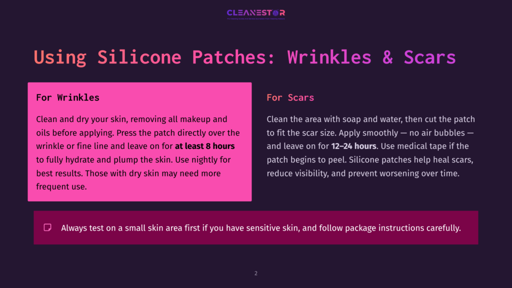 Presentation Slide On Using Silicone Patches For Wrinkles And Scars, With Instructions For Application And Duration. Text Includes &Quot;Cleanestor&Quot; Logo And &Quot;Using Silicone Patches: Wrinkles &Amp; Scars.