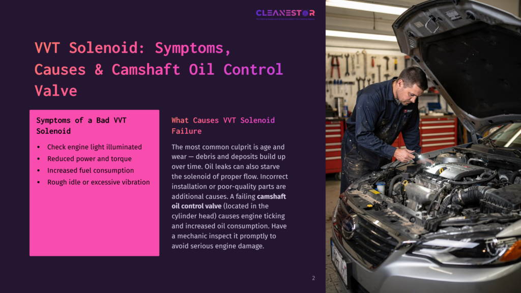 Mechanic Inspecting A Car Engine, With Text Overlay About Vvt Solenoid Symptoms, Causes, And Oil Control Valve Failure.