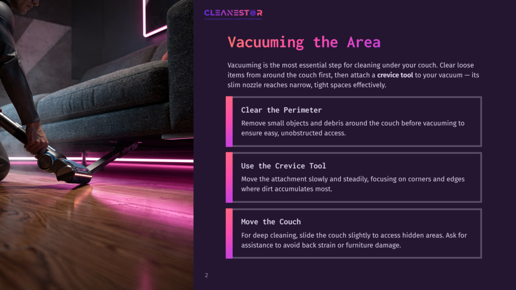 Cleanestor Logo And &Quot;Vacuuming The Area&Quot; Title On A Dark Purple Background, With Tips For Vacuuming Under A Couch And Around Crevices.