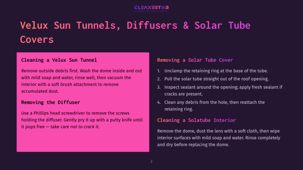 Velux Sun Tunnels, Diffusers &Amp; Solar Tube Covers: Cleaning Instructions For Velux Sun Tunnels, Including Cleaning The Diffuser With A Phillips Head Screwdriver And Removing Solar Tube Covers By Unclamping The Retaining Ring.