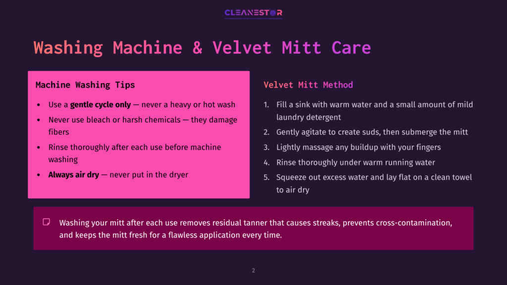 Dark Purple Slide With Pink Overlay Titled &Quot;Washing Machine &Amp; Velvet Mitt Care.&Quot; Left Side Lists &Quot;Machine Washing Tips&Quot; With Bullet Points. Right Side Details &Quot;Velvet Mitt Method&Quot; With Numbered Steps.