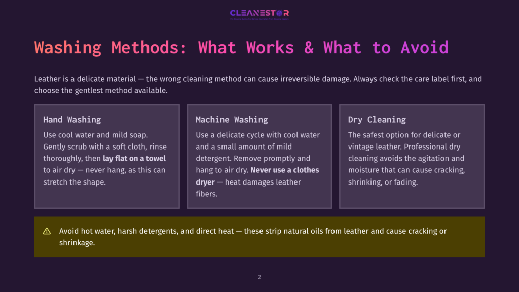 Infographic Titled &Quot;Washing Methods: What Works &Amp; What To Avoid&Quot; Comparing Hand Washing, Machine Washing, And Dry Cleaning For Leather, With A Warning About Hot Water And Harsh Detergents.