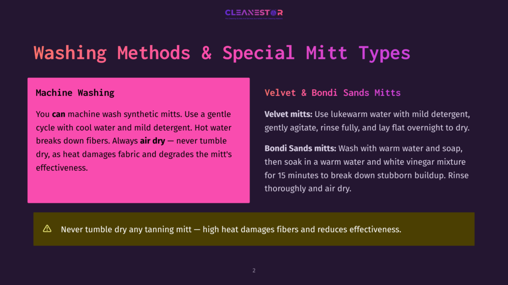 Washing Methods &Amp; Special Mitt Types: Machine Washing Instructions For Synthetic Mitts, And Washing Instructions For Velvet &Amp; Bondi Sands Mitts, Including Hand Washing With Mild Detergent And Vinegar Soak For Stubborn Buildup.