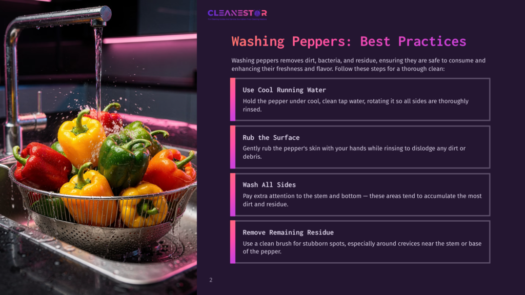 A Bowl Of Colorful Peppers Under A Running Faucet, Illustrating Best Practices For Washing Peppers, Including Using Cool Running Water And Gently Rubbing The Surface.