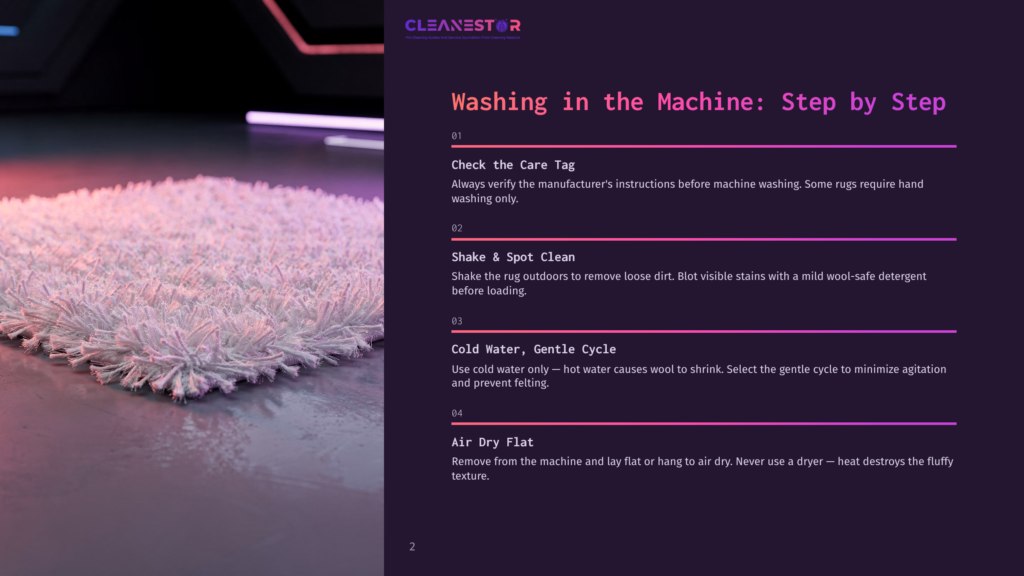 2 Washing In The Machine Step By Step 1 A Step-By-Step Guide On Washing Rugs In The Machine, Featuring A Pink Rug On A Dark Background With Instructions On How To Care For The Rug.