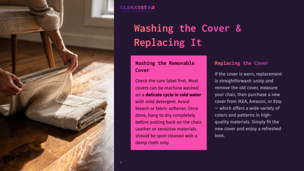 Hands Carefully Remove A Textured, Light-Colored Sofa Cover, Revealing The Chair Beneath. The Scene Is Lit By Warm Sunlight Streaming Across A Wooden Floor, Suggesting A Cozy Home Environment.