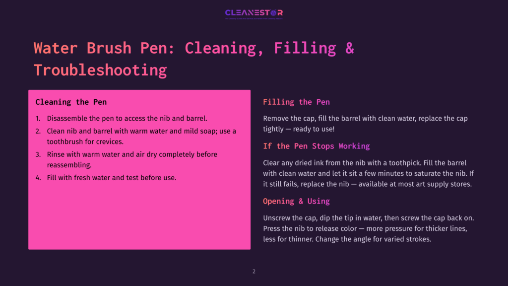 Water Brush Pen: Cleaning, Filling &Amp; Troubleshooting Guide With Step-By-Step Instructions For Disassembly, Cleaning, And Filling The Pen. Includes Tips For When The Pen Stops Working.