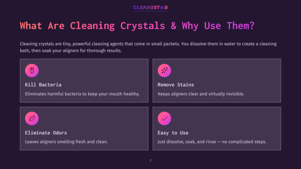Four Panels Detailing The Benefits Of Cleaning Crystals: &Quot;Kill Bacteria&Quot; With A Pink Icon Of A Germ, &Quot;Remove Stains&Quot; With A Pink Icon Of A Sparkle, &Quot;Eliminate Odors&Quot; With A Green Leaf Icon, And &Quot;Easy To Use&Quot; With A Pink Checkmark Icon. The Text &Quot;What Are Cleaning Crystals &Amp; Why Use Them?&Quot; Is Prominently Displayed Above.