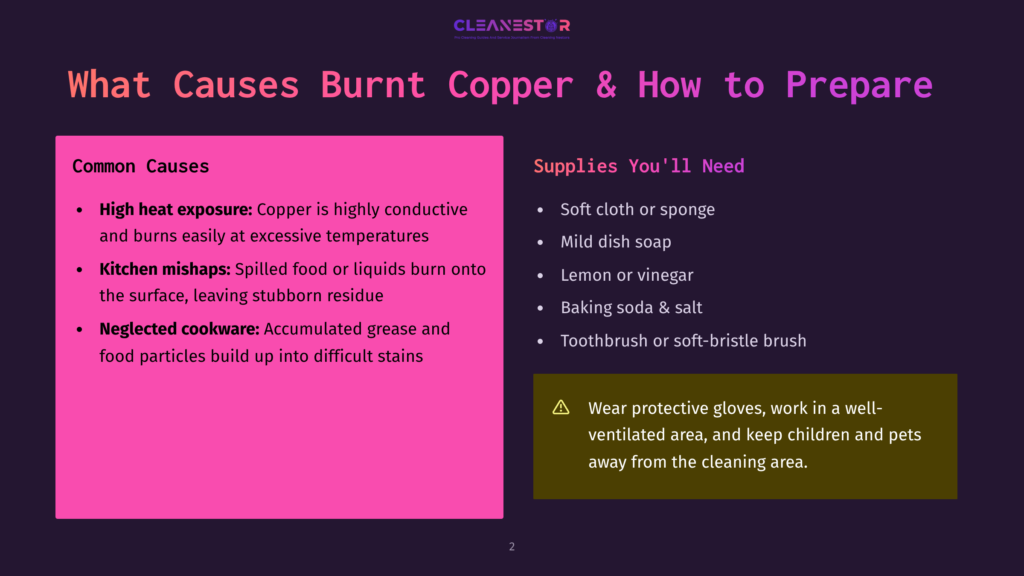 Image Titled &Quot;What Causes Burnt Copper &Amp; How To Prepare&Quot; With Sections On Common Causes Like High Heat Exposure And Kitchen Mishaps, And Supplies Like Soft Cloth, Mild Dish Soap, Lemon, Baking Soda, And A Toothbrush. A Safety Warning Advises Wearing Protective Gloves And Working In A Well-Ventilated Area.