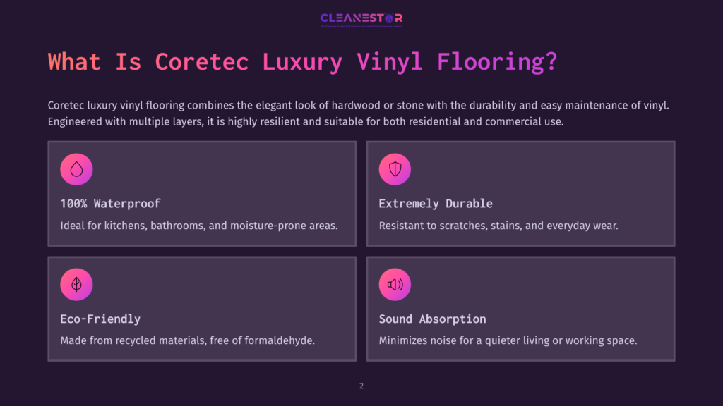 Infographic Highlighting The Benefits Of Coretec Luxury Vinyl Flooring: 100% Waterproof, Extremely Durable, Eco-Friendly, And Sound Absorption. The Text &Quot;What Is Coretec Luxury Vinyl Flooring?&Quot; Is Prominently Displayed.