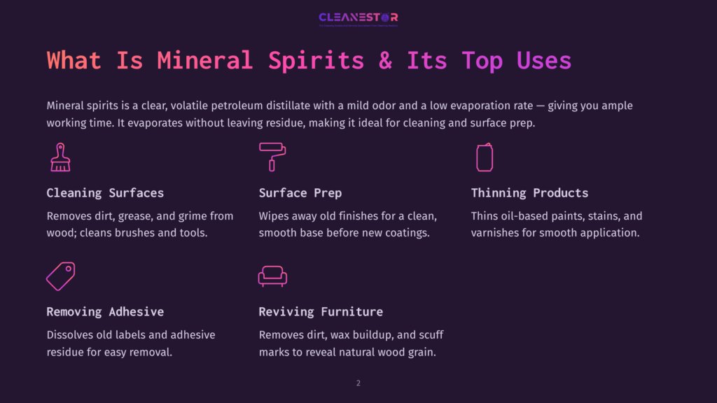 Infographic Detailing The Uses Of Mineral Spirits: Cleaning Surfaces, Surface Prep, Thinning Products, Removing Adhesive, And Reviving Furniture. Text Includes &Quot;What Is Mineral Spirits &Amp; Its Top Uses&Quot; And Product Name &Quot;Cleanestor&Quot;.