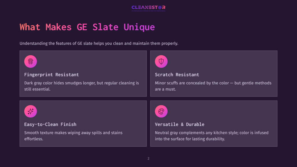 Infographic Detailing The Unique Features Of Ge Slate Countertops: Fingerprint Resistant, Scratch Resistant, Easy-To-Clean Finish, And Versatile &Amp; Durable.
