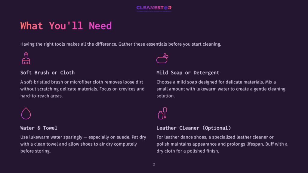 Infographic Titled &Quot;What You'Ll Need&Quot; Listing Cleaning Essentials For Dance Shoes: Soft Brush, Mild Soap, Water, And Optional Leather Cleaner.