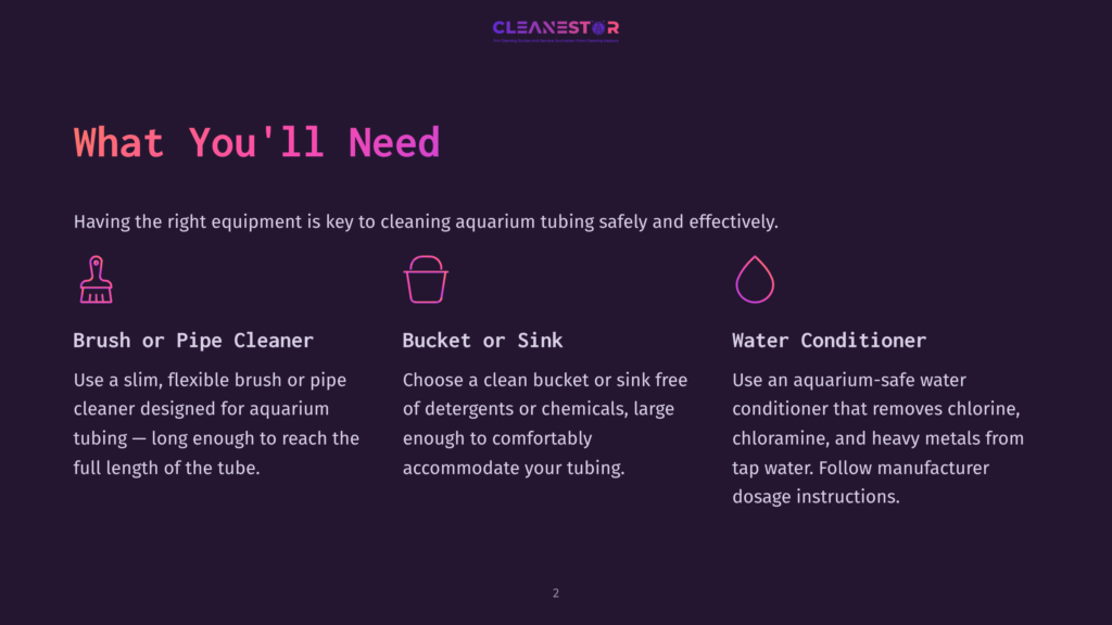 Illustration Of Three Cleaning Tools For Aquarium Tubing: A Brush, A Bucket, And A Water Conditioner Bottle, With Text Labels &Quot;Brush Or Pipe Cleaner,&Quot; &Quot;Bucket Or Sink,&Quot; And &Quot;Water Conditioner.