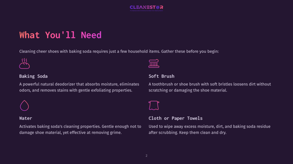 Graphic With Text: &Quot;What You'Ll Need&Quot; And Icons For Baking Soda, Toothbrush, Water, And Cloth, Listing Cleaning Cheer Shoes Supplies.