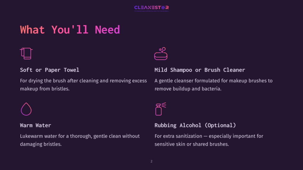 The Cleanestor Slide Titled &Quot;What You'Ll Need&Quot; Lists Essential Items For Brush Cleaning: Soft Or Paper Towel For Drying, Mild Shampoo Or Brush Cleaner, And Warm Water. An Optional Item, Rubbing Alcohol, Is Also Listed.