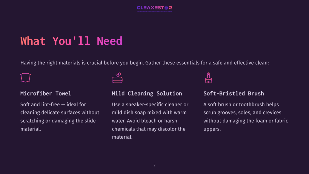 Illustration Of Three Cleaning Essentials: A Microfiber Towel, A Mild Cleaning Solution Icon, And A Soft-Bristled Brush, With Accompanying Text Explaining Their Use For Shoe Cleaning.