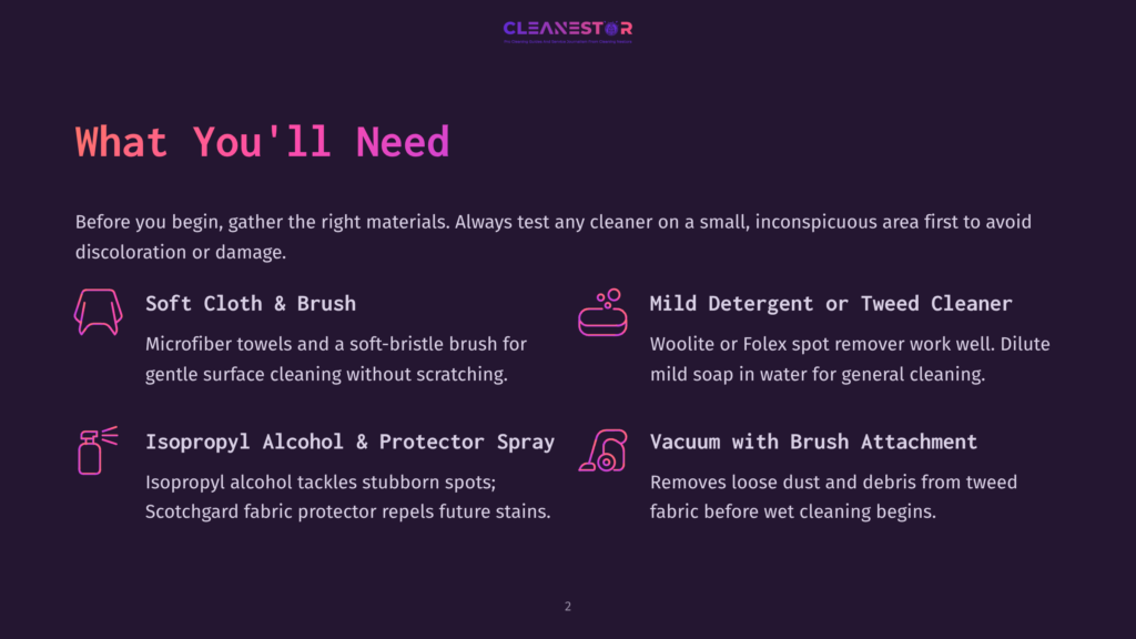 A Dark Purple Background With A Title &Quot;What You'Ll Need&Quot; In Large White Text. Below Are Four Sections With Icons And Text Describing Cleaning Supplies: Soft Cloth, Mild Detergent Or Tweed Cleaner, Isopropyl Alcohol And Protector Spray, And Vacuum With Brush Attachment.