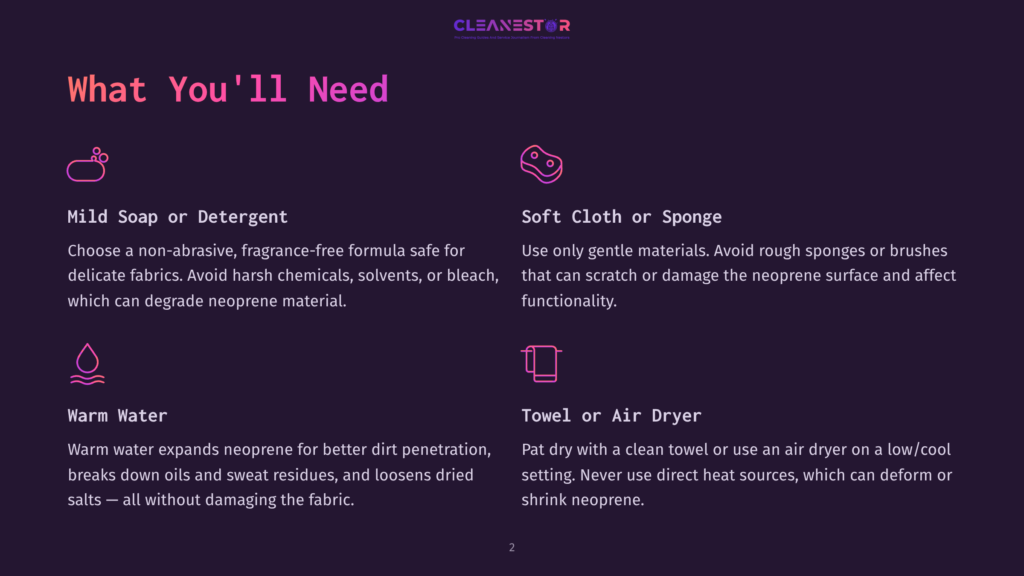 2 What Youll Need 9 Infographic Detailing What You'Ll Need To Clean Neoprene: Mild Soap Or Detergent, Soft Cloth Or Sponge, And Warm Water. Text Reads &Quot;What You'Ll Need.