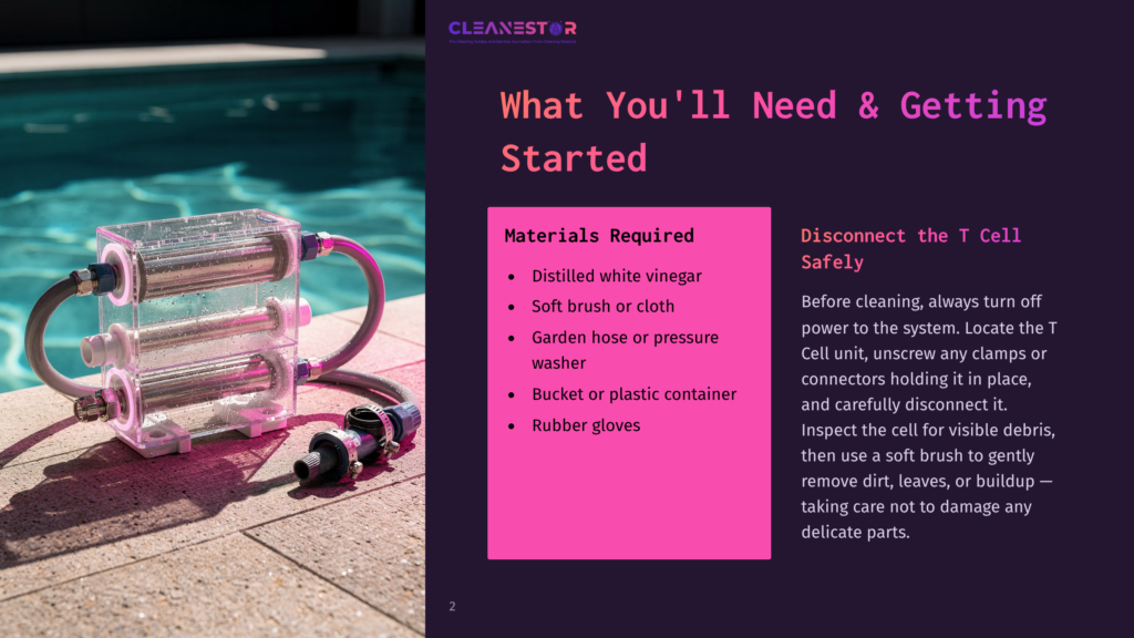 A Close-Up Of A Transparent Plastic T-Cell Device Connected To A Hose And A Container, Set Against A Pool Background With Safety Instructions On The Side.