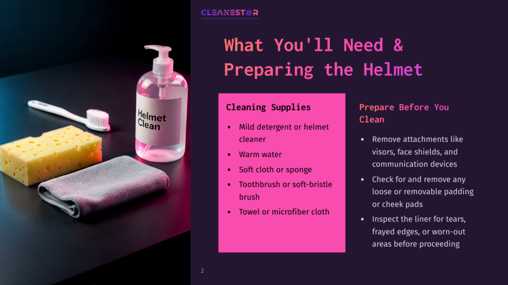 Cleaning Supplies For Helmet Cleaning: A Bottle Of Mild Detergent, A Yellow Sponge, A Grey Microfiber Cloth, And A Toothbrush, With Text &Quot;Cleanestor Helmet Clean&Quot; Visible.