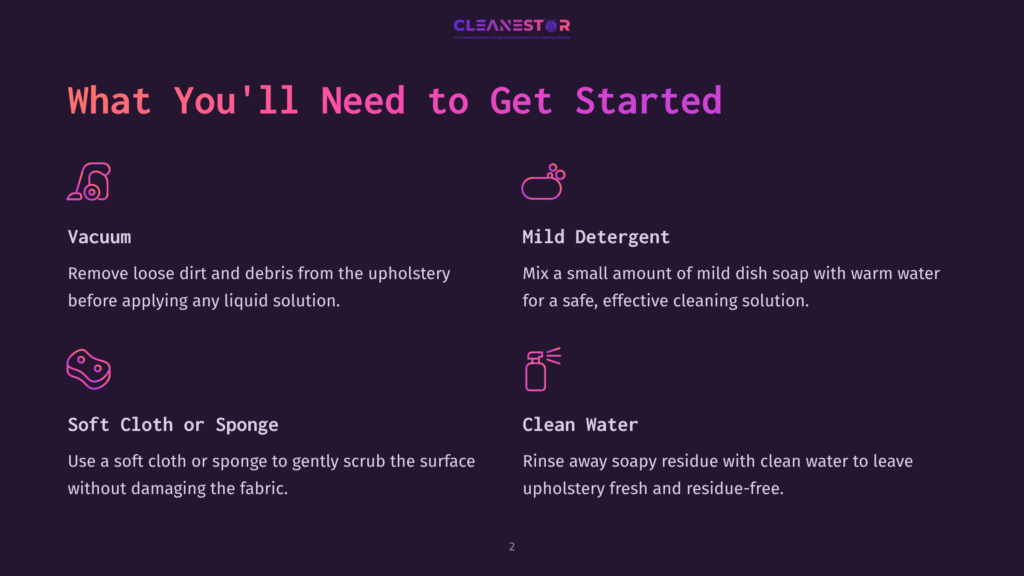 Infographic Titled &Quot;What You'Ll Need To Get Started&Quot; Listing Four Essential Items For Cleaning Upholstery: Vacuum, Mild Detergent, Soft Cloth Or Sponge, And Clean Water, With Accompanying Icons.