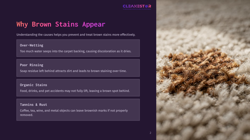 Close-Up Of A Light Beige Carpet With A Prominent, Dark Brown Stain. The Carpet Fibers Are Visible, Showing The Texture And How The Stain Has Soaked Into Them, Illustrating A Brown Stain On Carpet.