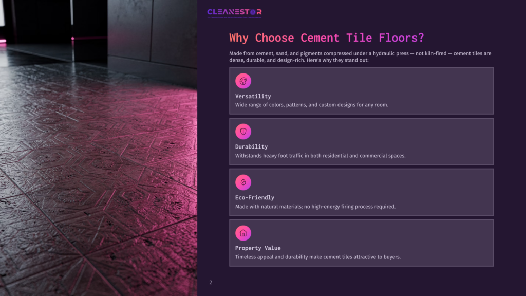 Close-Up Of A Textured Cement Tile Floor With A Geometric Pattern, Bathed In Dramatic Pink And Purple Light. The Text &Quot;Why Choose Cement Tile Floors?&Quot; And Key Benefits Like &Quot;Versatility,&Quot; &Quot;Durability,&Quot; &Quot;Eco-Friendly,&Quot; And &Quot;Property Value&Quot; Are Visible On The Right.
