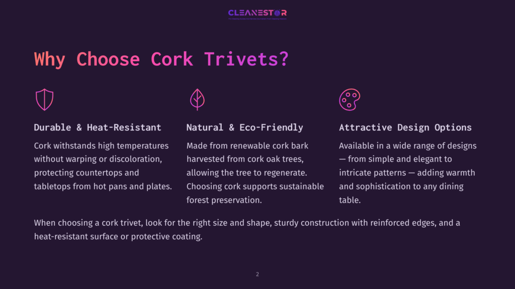 Graphic With Text: &Quot;Why Choose Cork Trivets?&Quot; Highlighting Durable, Heat-Resistant, Natural, Eco-Friendly, And Attractive Design Options For Cork Trivets.