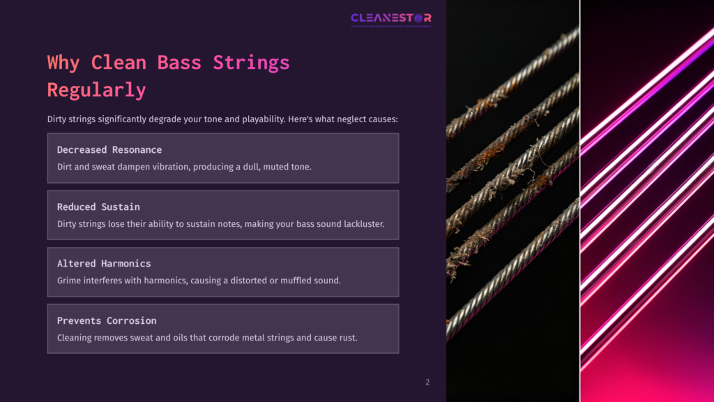 Close-Up Of Dirty, Corroded Bass Guitar Strings With Visible Rust And Grime, Illustrating The Need For Regular Cleaning To Prevent Damage And Maintain Tone.