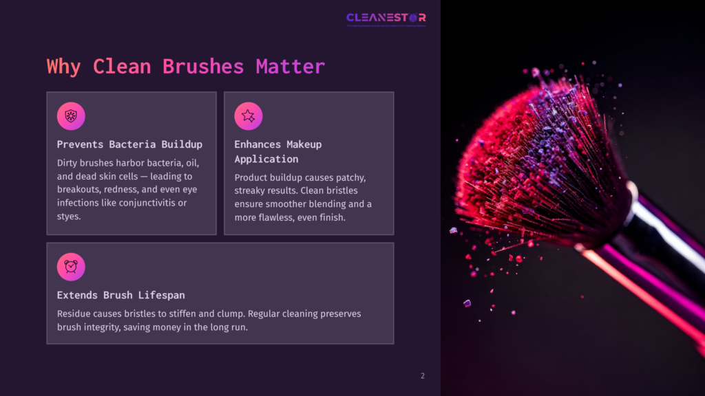 A Vibrant Red Makeup Brush With Purple And Pink Bristles Spraying Colorful Powders On A Dark Background, Emphasizing The Importance Of Clean Brushes For Preventing Bacteria Buildup And Enhancing Makeup Application.