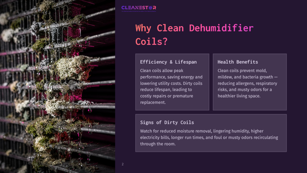 2 Why Clean Dehumidifier Coils Close-Up Of A Dirty, Mold-Covered Dehumidifier Coil, Showing Extensive Growth Of White And Green Mold, Dust, And Debris On The Metal Fins.