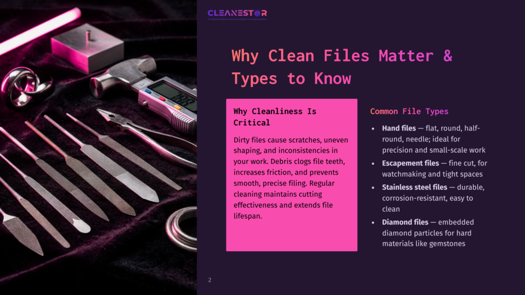 Close-Up Of Various Metal Files, Including Hand Files, Diamond Files, And Stainless Steel Files, On A Dark Velvet Surface. The Text &Quot;Cleanestor&Quot; Is Visible In The Upper Left Corner.