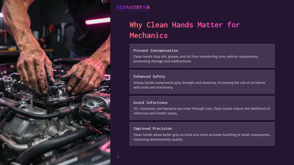 2 Why Clean Hands Matter For Mechanics Close-Up Of A Mechanic'S Greasy Hands Working On A Car Engine, With Text Overlay &Quot;Why Clean Hands Matter For Mechanics&Quot;.