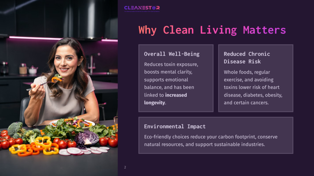 A Smiling Woman With Dark Hair Eats A Forkful Of Colorful Salad In A Modern Kitchen, With A Large Assortment Of Fresh Vegetables On The Table. The Cleanestor Logo Is Visible.