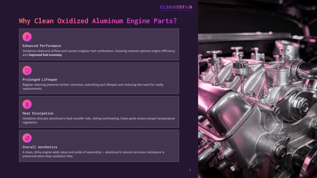 A Detailed Image Of An Engine Featuring Oxidized Aluminum Parts, Showcasing Its Shiny And Sleek Aesthetics. The Image Highlights The Benefits Of Clean Oxidized Aluminum Engine Parts, Including Enhanced Performance, Prolonged Lifespan, Effective Heat Dissipation, And Overall Aesthetics.