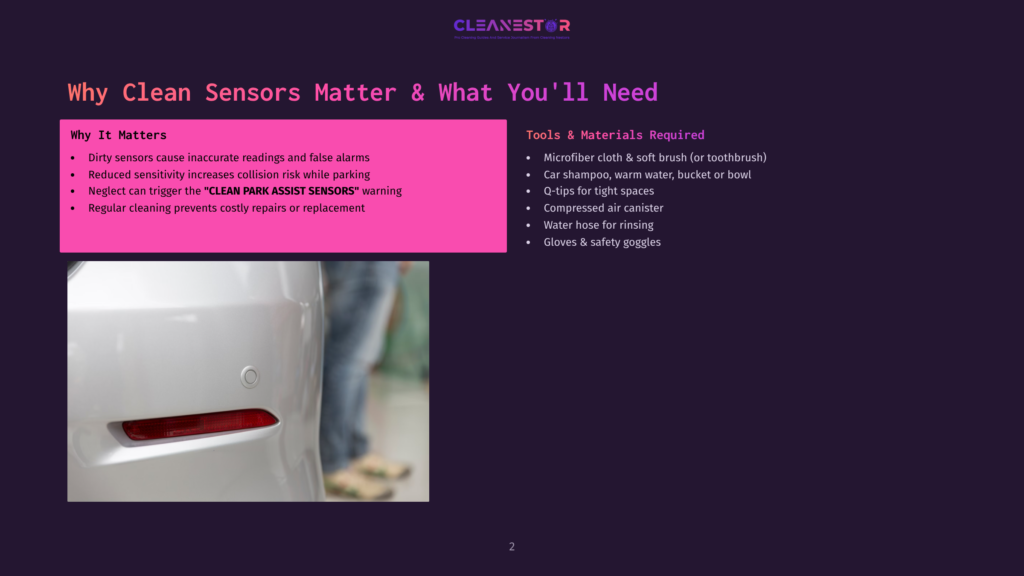 2 Why Clean Sensors Matter And What Youll Need An Image Showing The Back Of A White Car With Its Brake Light Illuminated, Set Against A Blurred Background With A Person'S Leg Visible. The Car'S Bumper And Tail Light Are In Focus, With The Text &Quot;Clean Park Assist Sensors&Quot; Prominently Displayed.