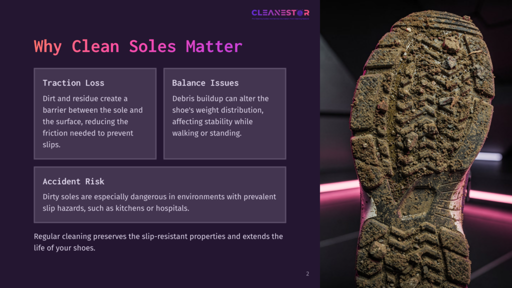 Close-Up Of A Dirty Shoe Sole Covered In Mud And Debris, Highlighting The Impact Of Clean Soles Matter For Traction Loss And Accident Risk.