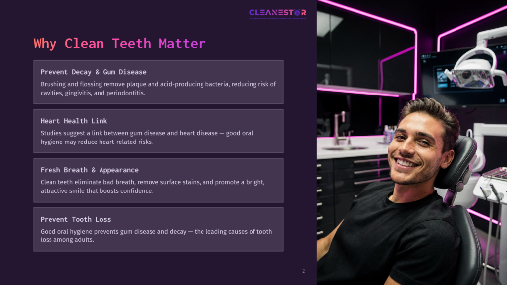 A Smiling Man In A Dental Chair, Illuminated By Pink And Blue Lights, Highlights The Importance Of Clean Teeth For Overall Health And Appearance.