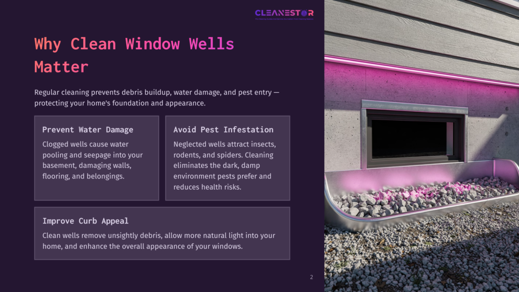 A Clean Window Well With Gravel And A Metal Liner, Illuminated By Pink Led Lights, Showcasing A Well-Maintained Basement Window. The Text &Quot;Cleanestor&Quot; Is Visible At The Top.