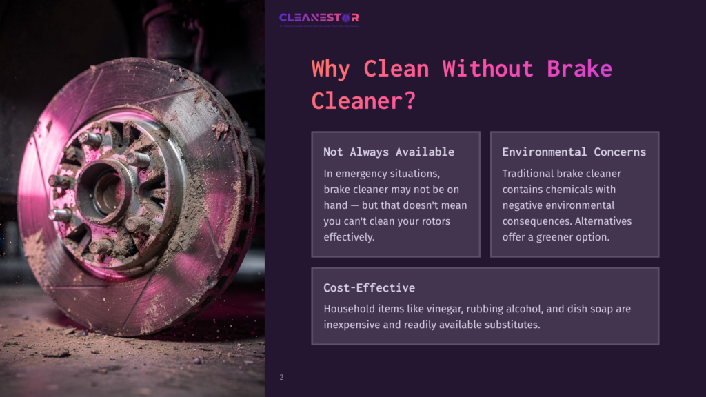 Close-Up Of A Dirty Car Brake Rotor With Brake Dust And Grime. Text Overlay Reads &Quot;Why Clean Without Brake Cleaner?
