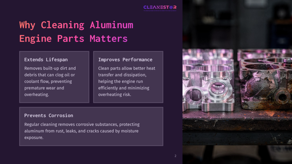 A Side-By-Side Comparison Of A Clean Aluminum Engine Block And A Heavily Soiled, Dirty Aluminum Engine Block, Illustrating The Importance Of Cleaning Aluminum Engine Parts.