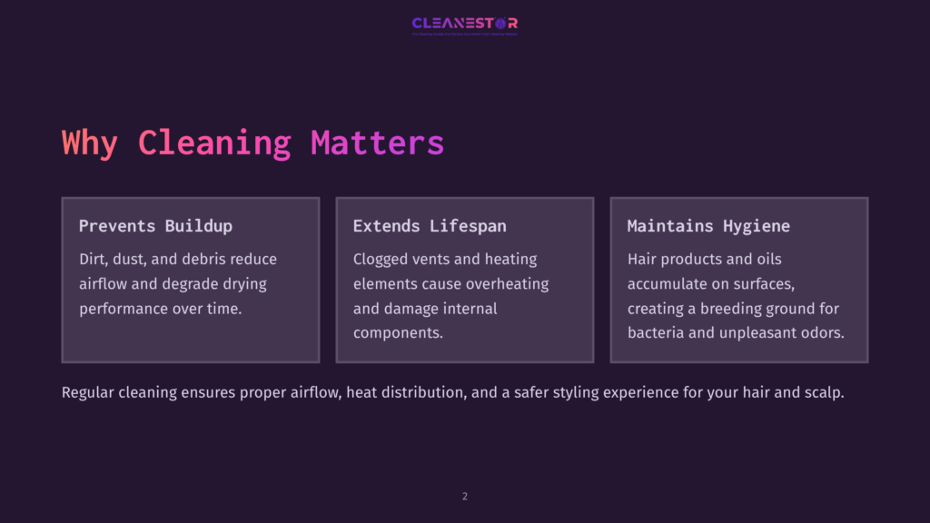 A Dark Background With The Cleanestor Logo At The Top. Three Columns Describe Why Cleaning Matters: &Quot;Prevents Buildup,&Quot; &Quot;Extends Lifespan,&Quot; And &Quot;Maintains Hygiene.
