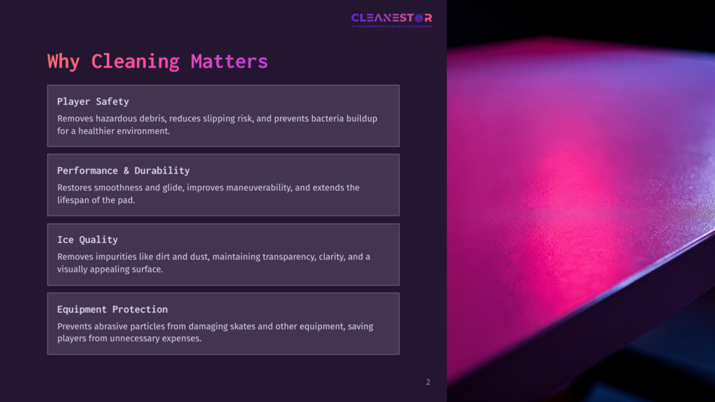 2 Why Cleaning Matters 2 A Graphic With A Pink And Purple Gradient Background Displays Text Sections Titled &Quot;Why Cleaning Matters&Quot; With Bullet Points For Player Safety, Performance &Amp; Durability, Ice Quality, And Equipment Protection.